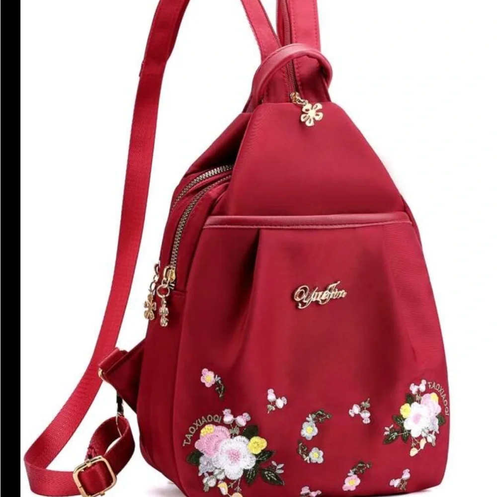 9. Yuejin Backpack in Red with Embroidered Flowers